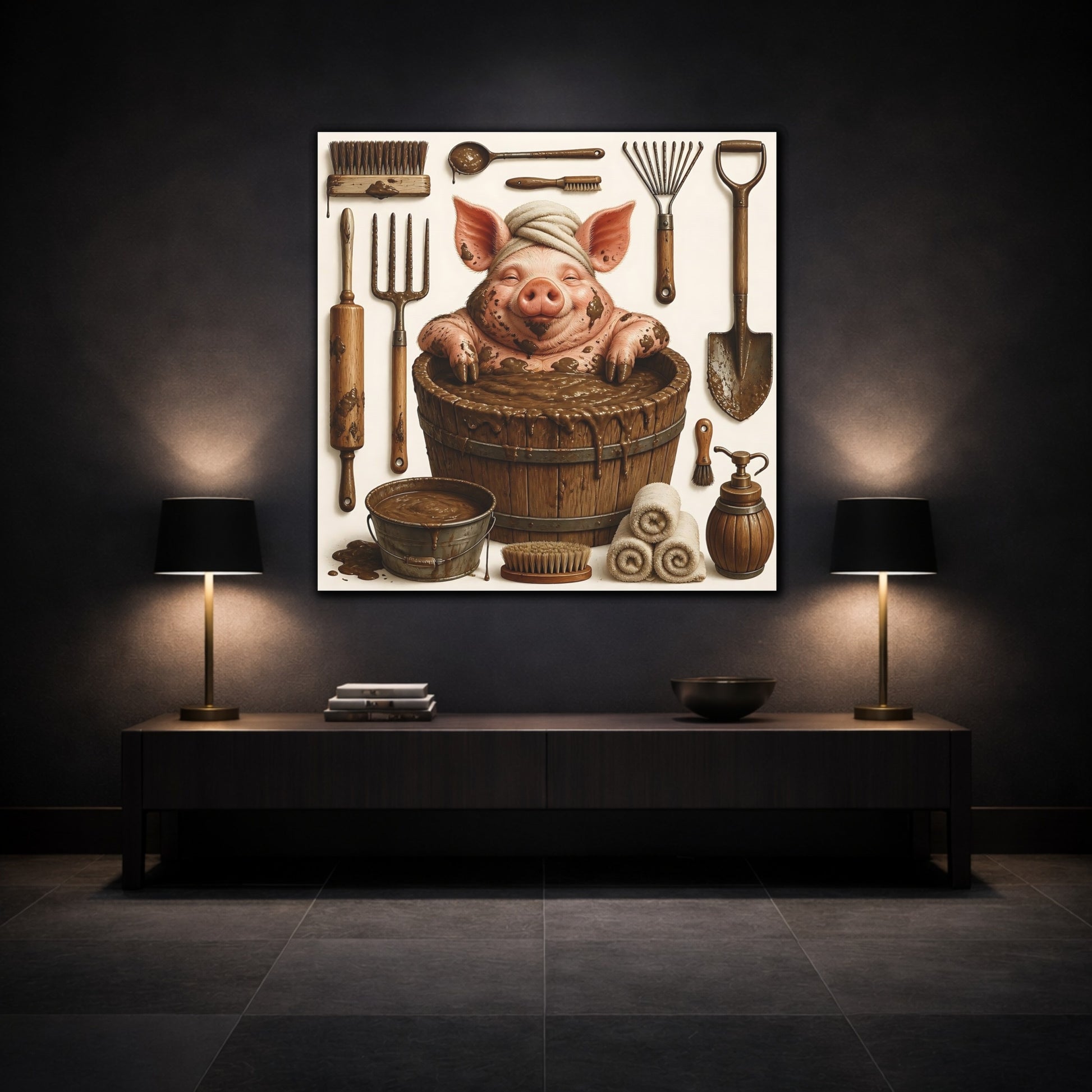 Mockup 3. Funny Mud Spa Pig shown as canvas print