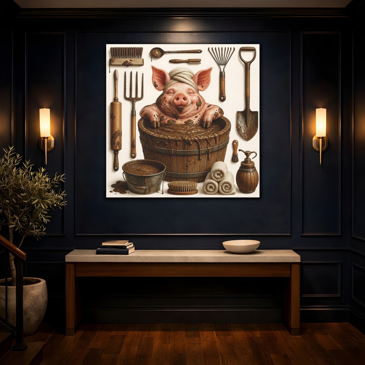 Mockup 4. Funny Mud Spa Pig shown as canvas print