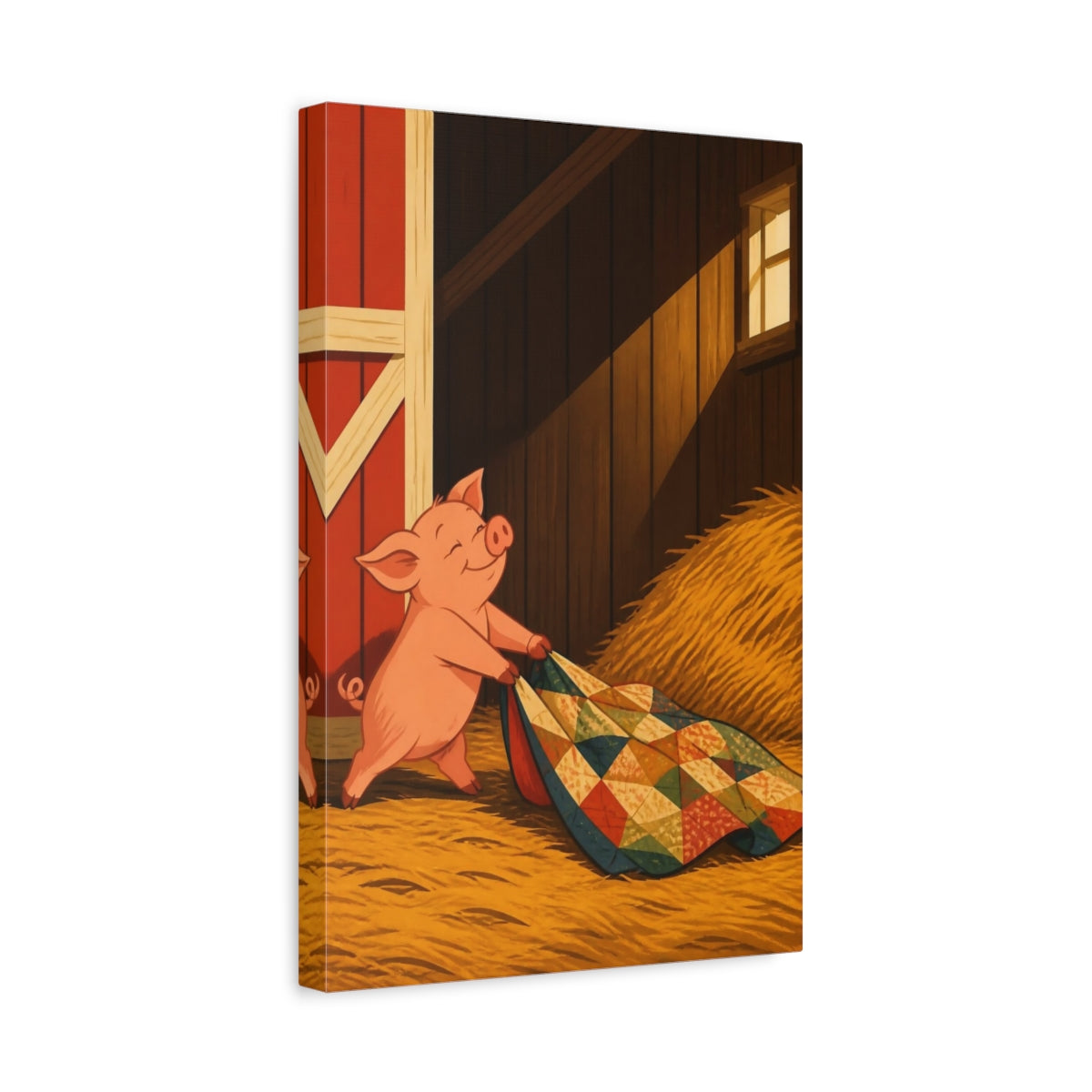 Side Mockup 4. Funny Pig With Quilt shown as canvas print