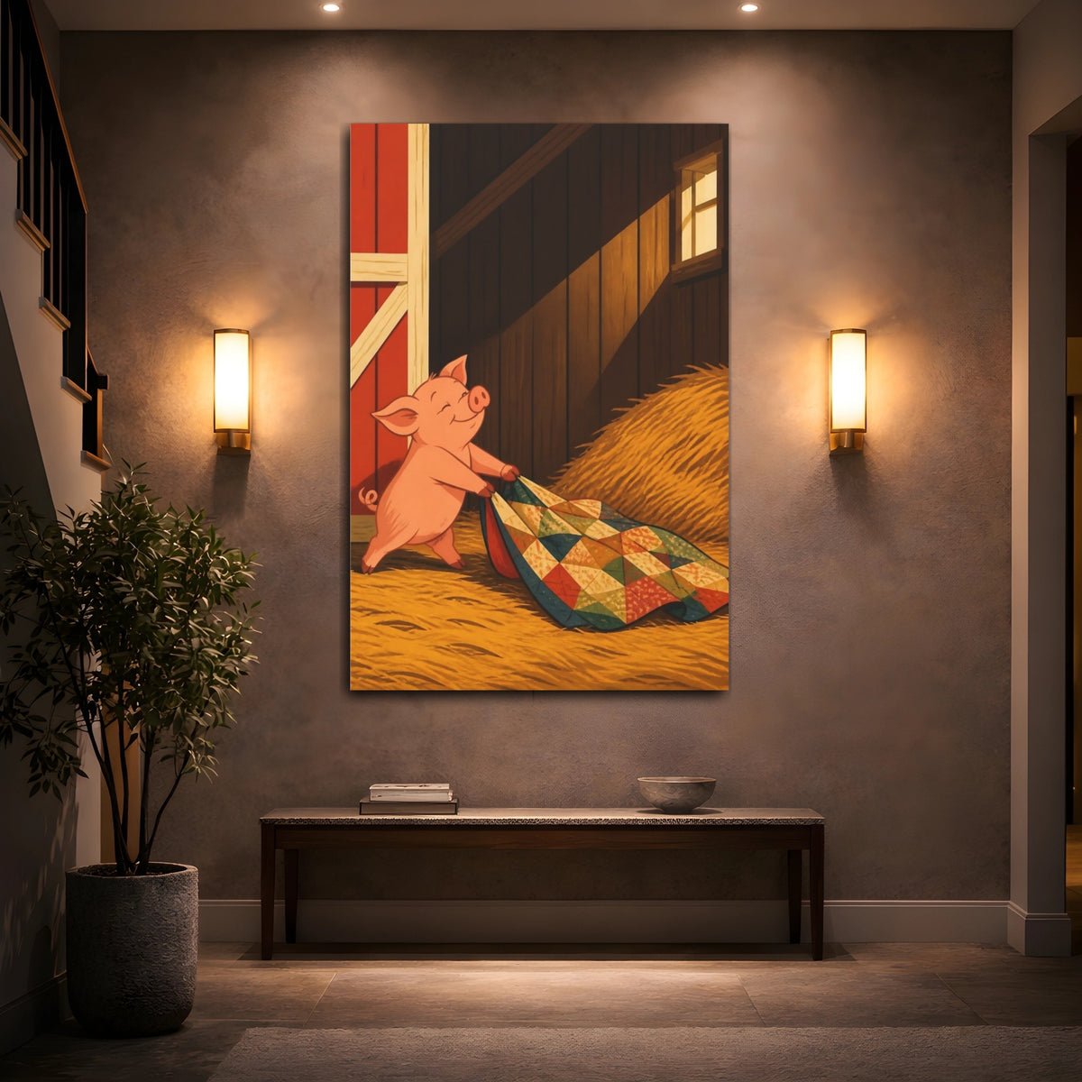 Mockup 2. Funny Pig With Quilt shown as canvas print