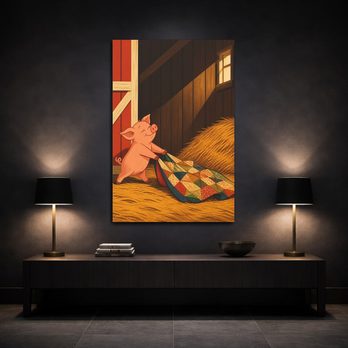 Mockup 3. Funny Pig With Quilt shown as canvas print