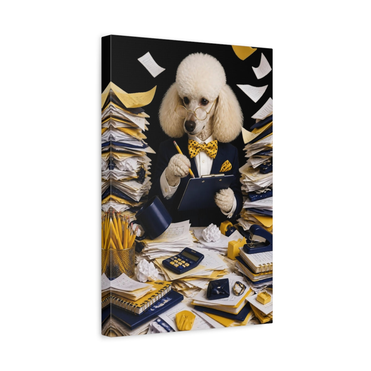 Side Mockup 4. Funny Poodle Auditor shown as canvas print