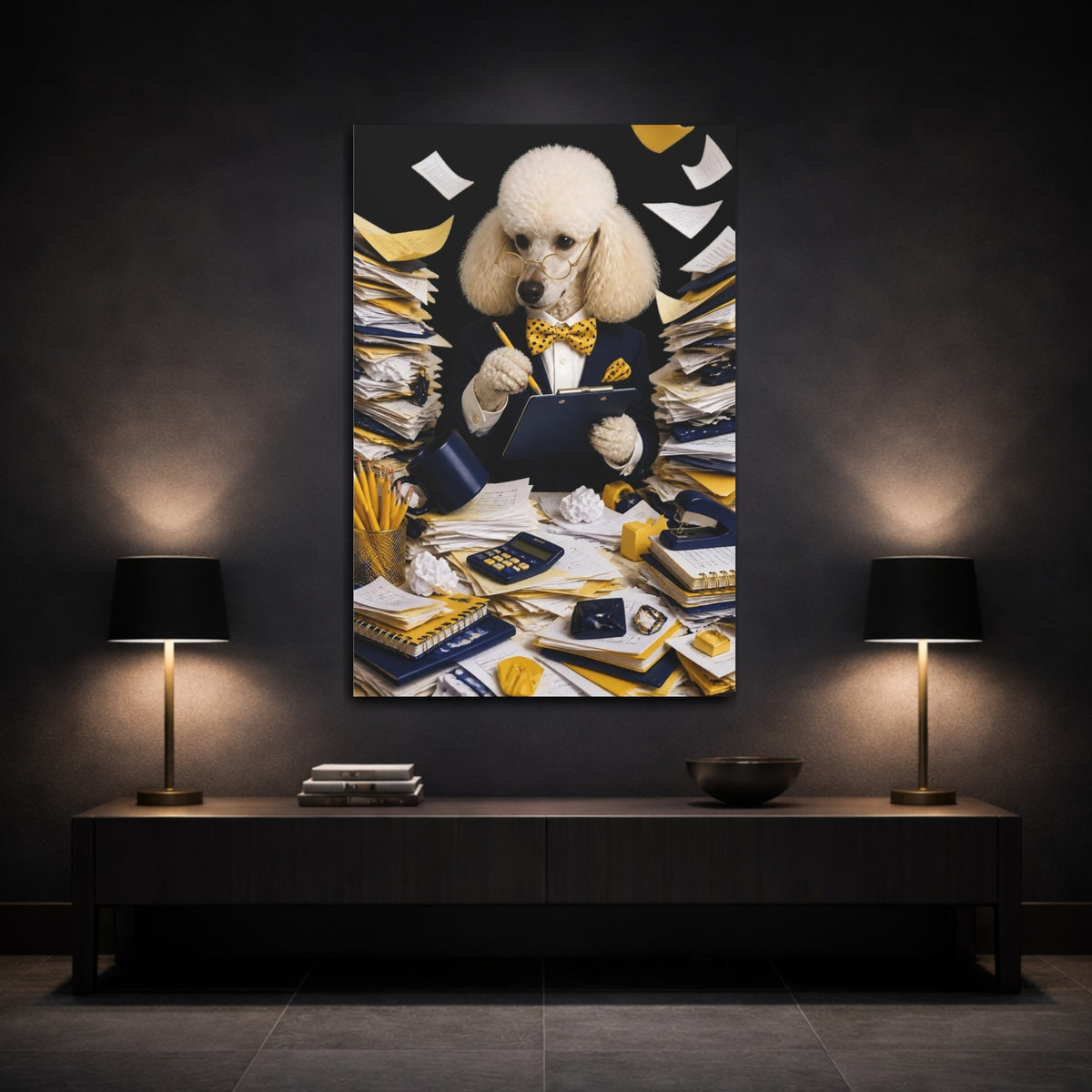 Mockup 3. Funny Poodle Auditor shown as canvas print