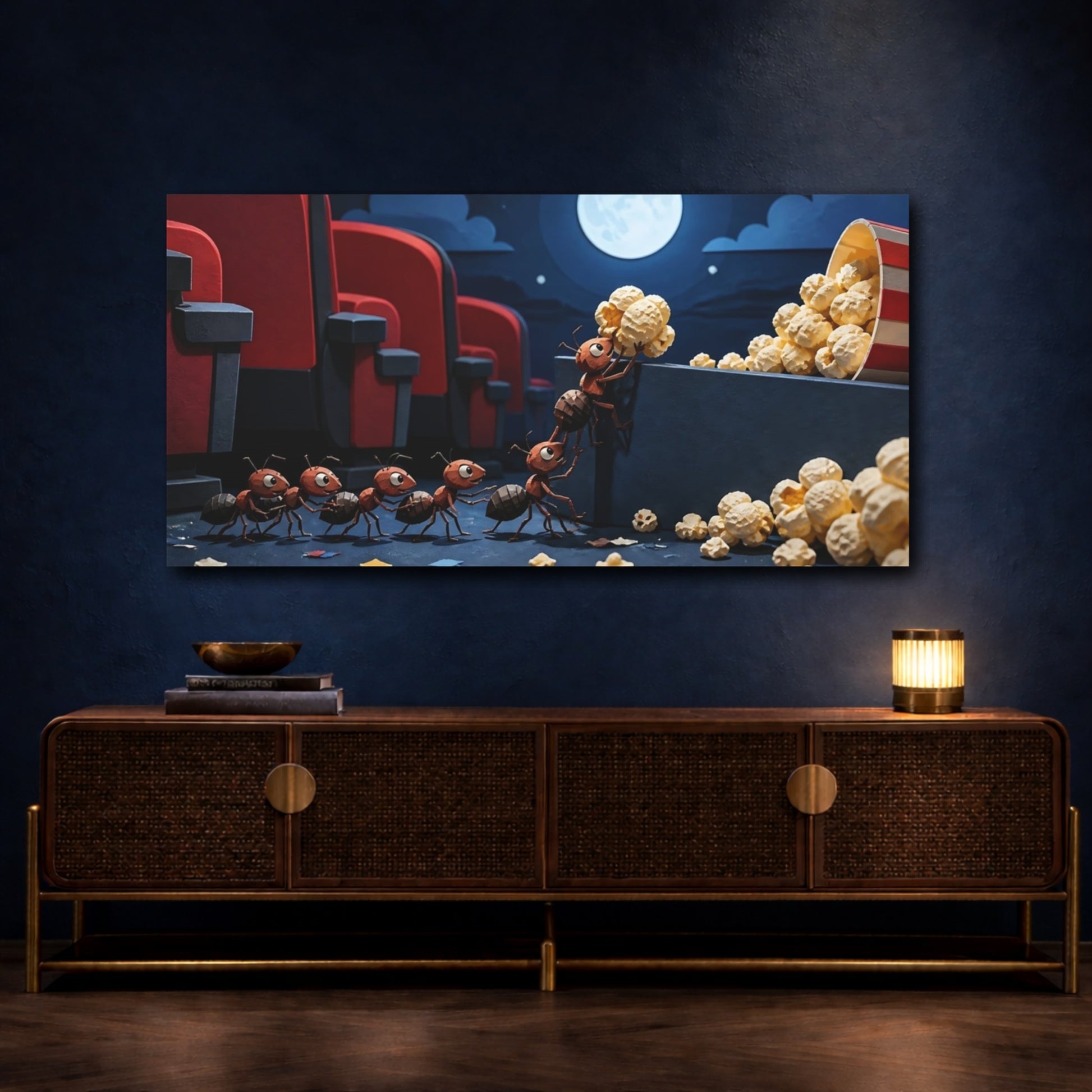 Mockup 4. Funny Popcorn Ant Rescue shown as canvas print