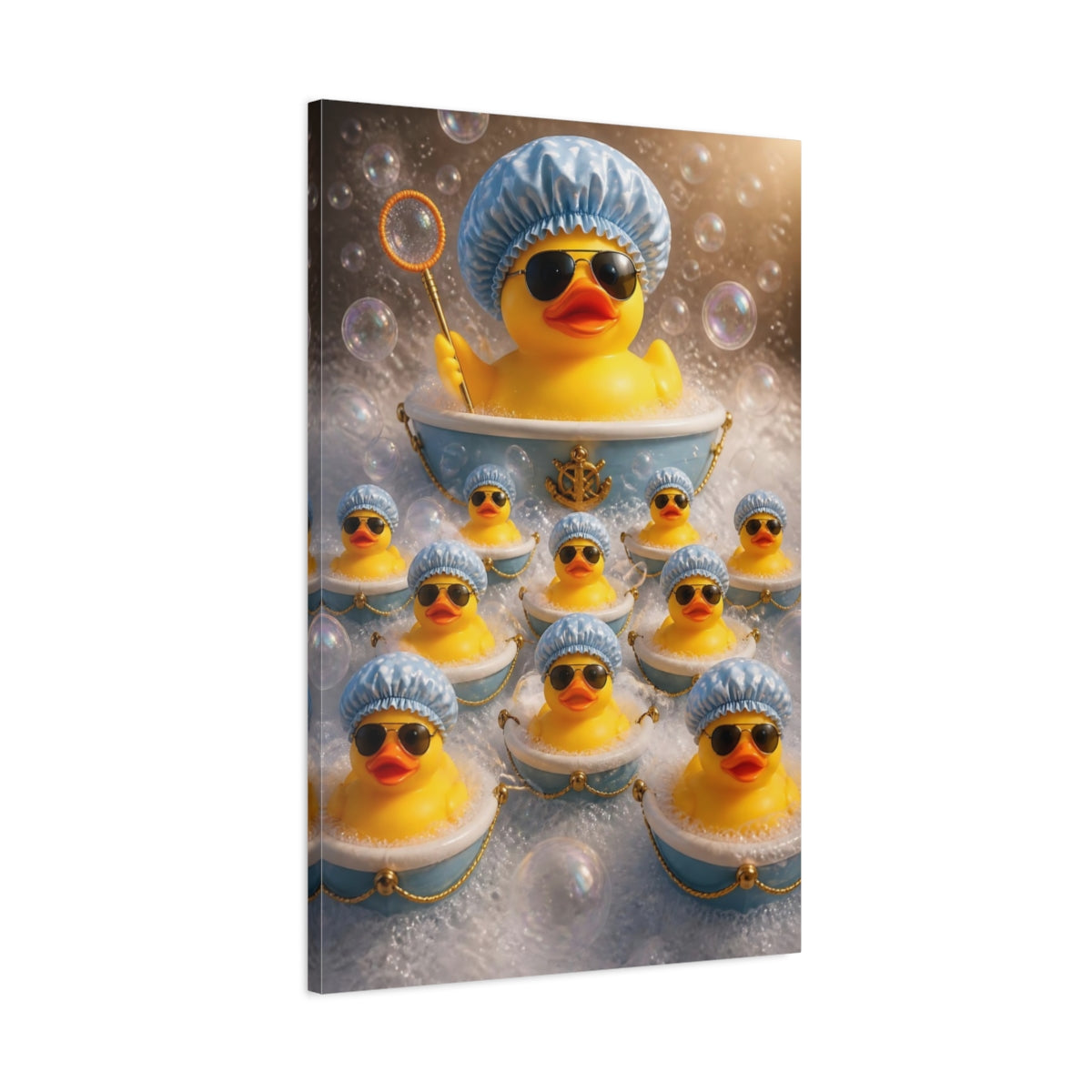 Main Mockup. Funny Rubber Duck Fleet shown as canvas print