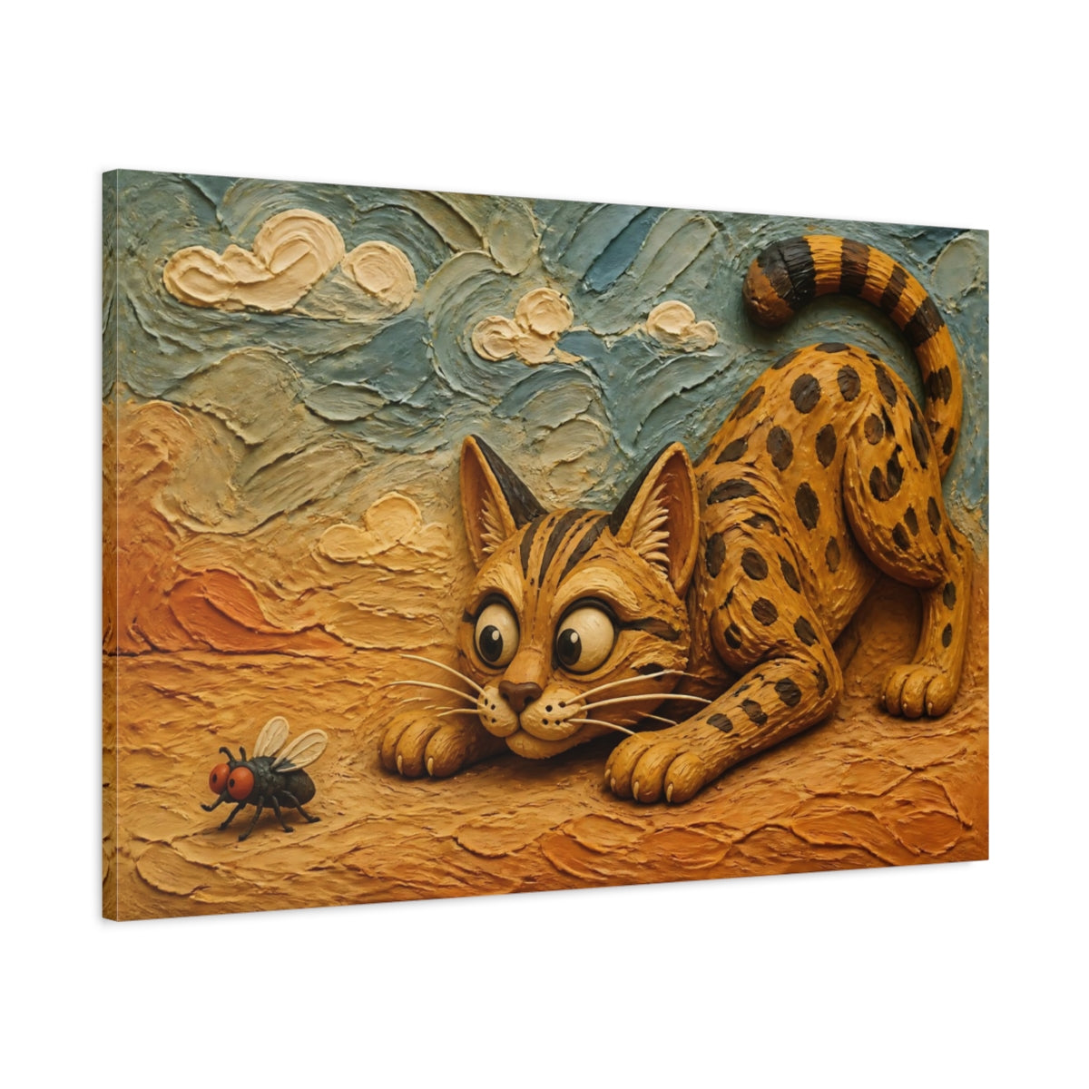 Main Mockup. Funny Savannah Cat Stalking Fly shown as canvas print