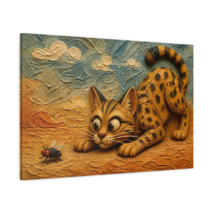 Main Mockup. Funny Savannah Cat Stalking Fly shown as canvas print