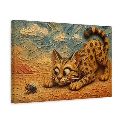 Side Mockup 4. Funny Savannah Cat Stalking Fly shown as canvas print