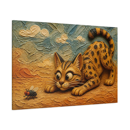 Side Mockup 1. Funny Savannah Cat Stalking Fly shown as canvas print