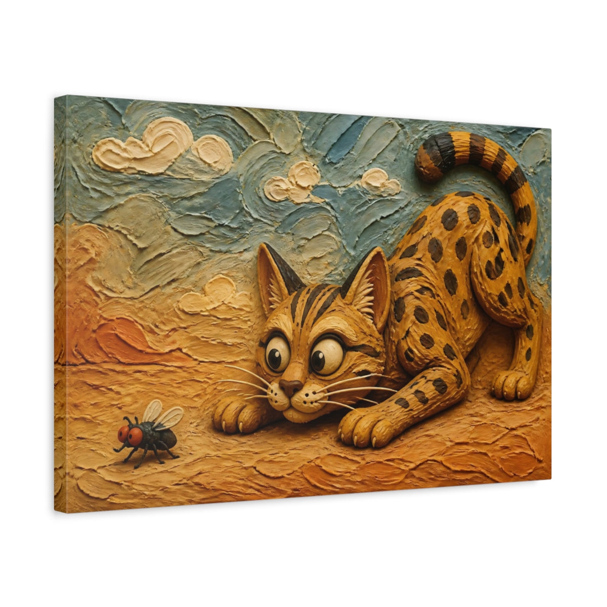 Side Mockup 3. Funny Savannah Cat Stalking Fly shown as canvas print