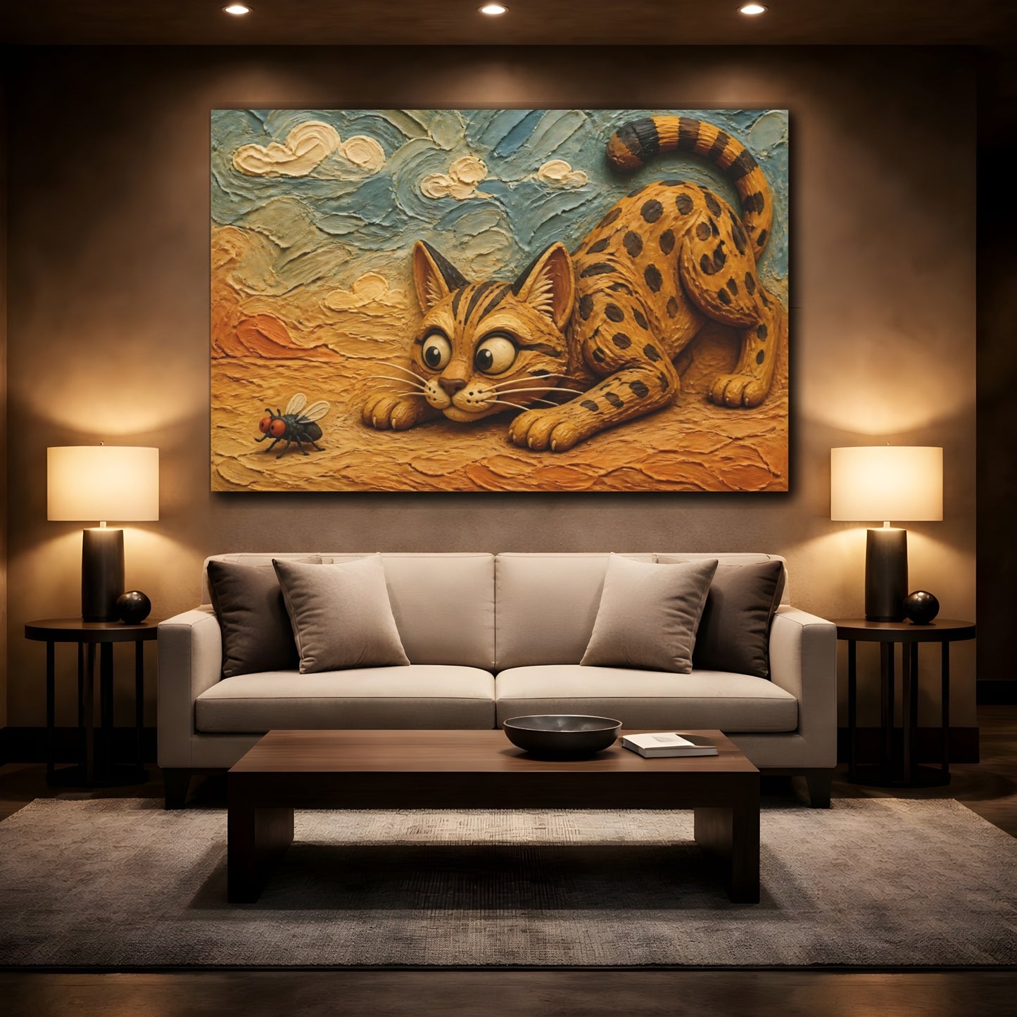 Mockup 2. Funny Savannah Cat Stalking Fly shown as canvas print