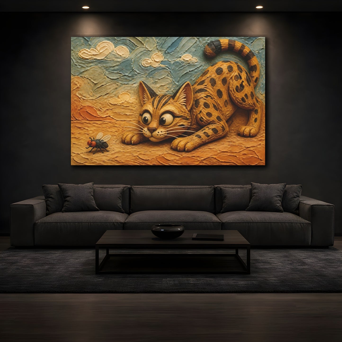 Mockup 3. Funny Savannah Cat Stalking Fly shown as canvas print