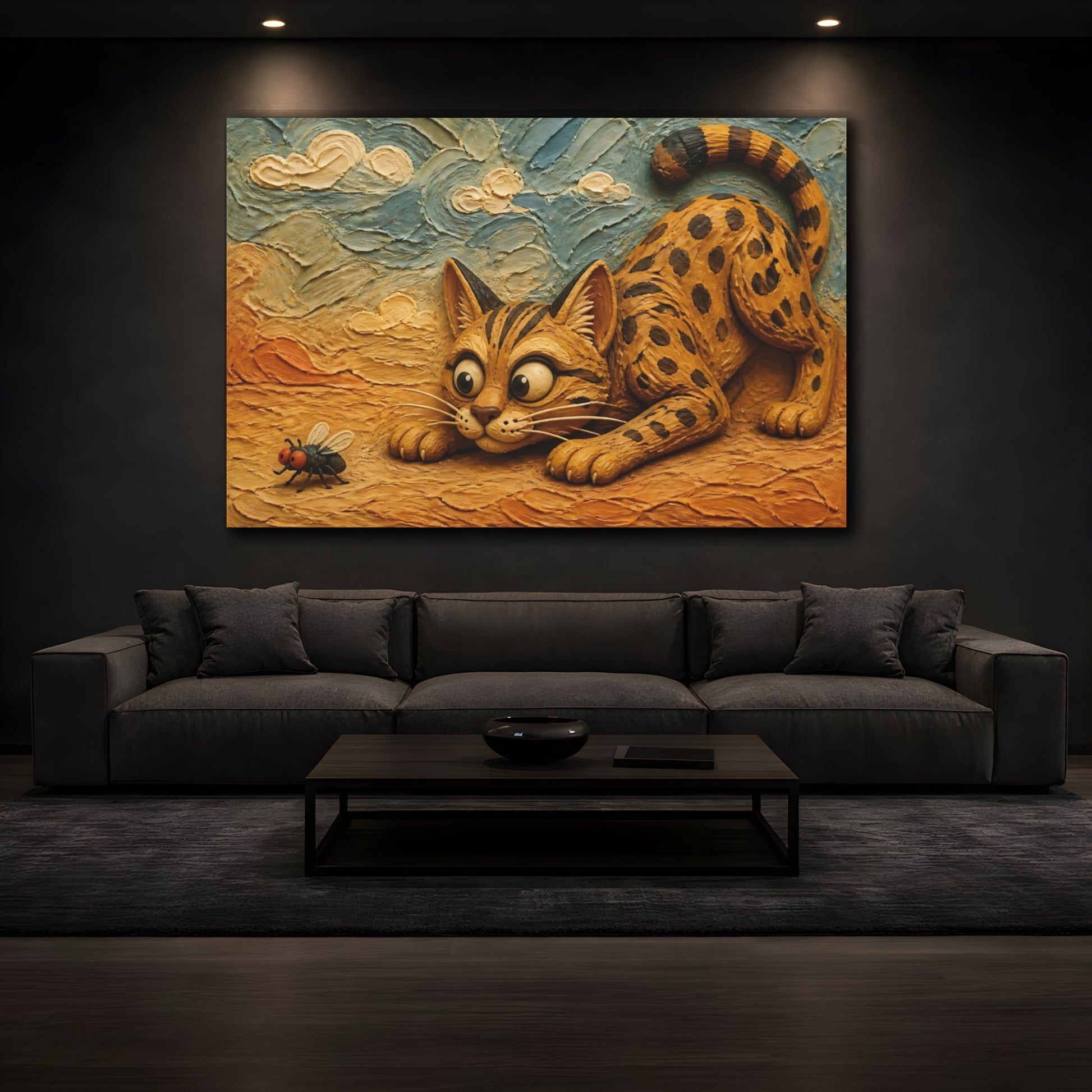 Mockup 3. Funny Savannah Cat Stalking Fly shown as canvas print