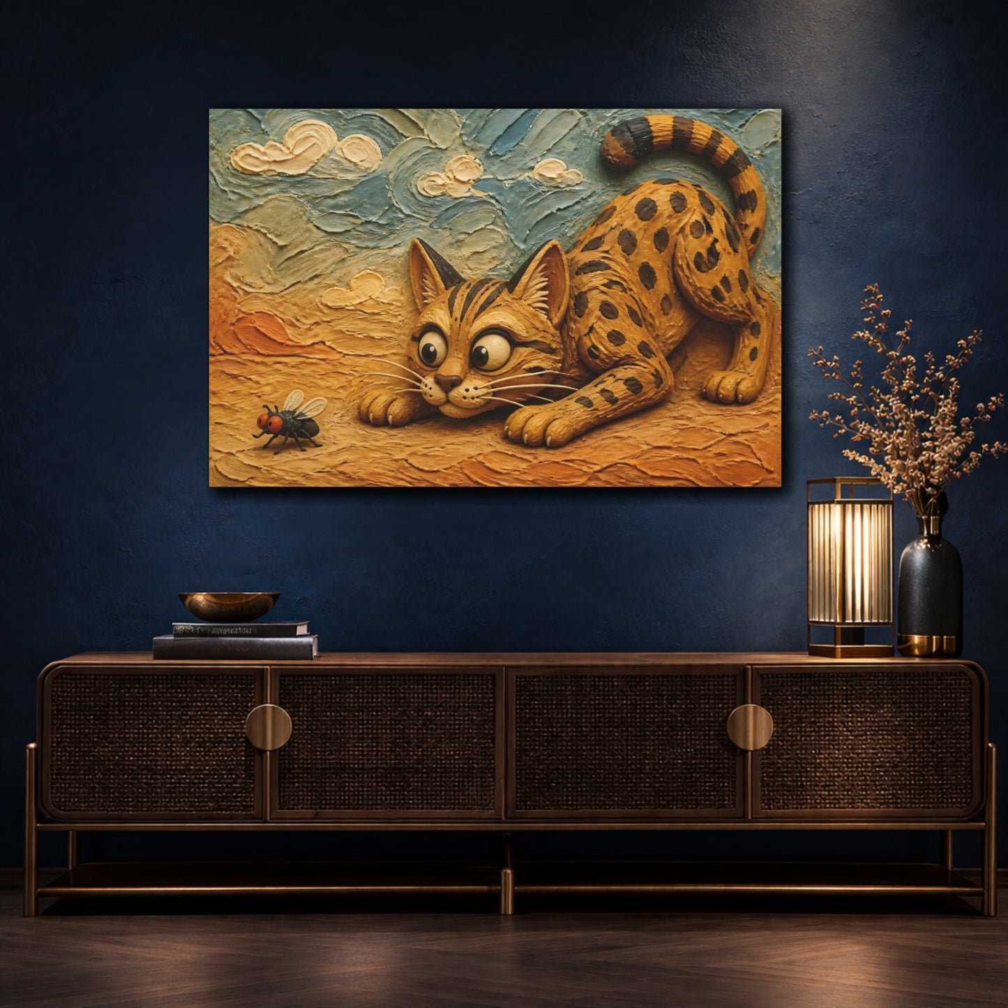 Mockup 4. Funny Savannah Cat Stalking Fly shown as canvas print