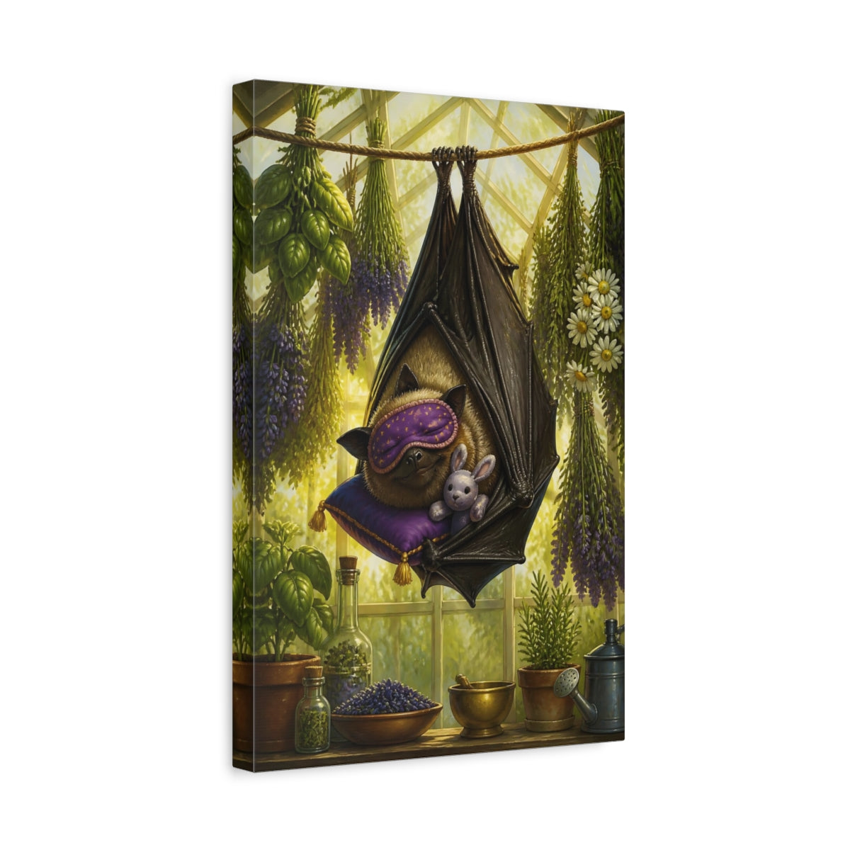 Side Mockup 4. Funny Sleeping Bat shown as canvas print