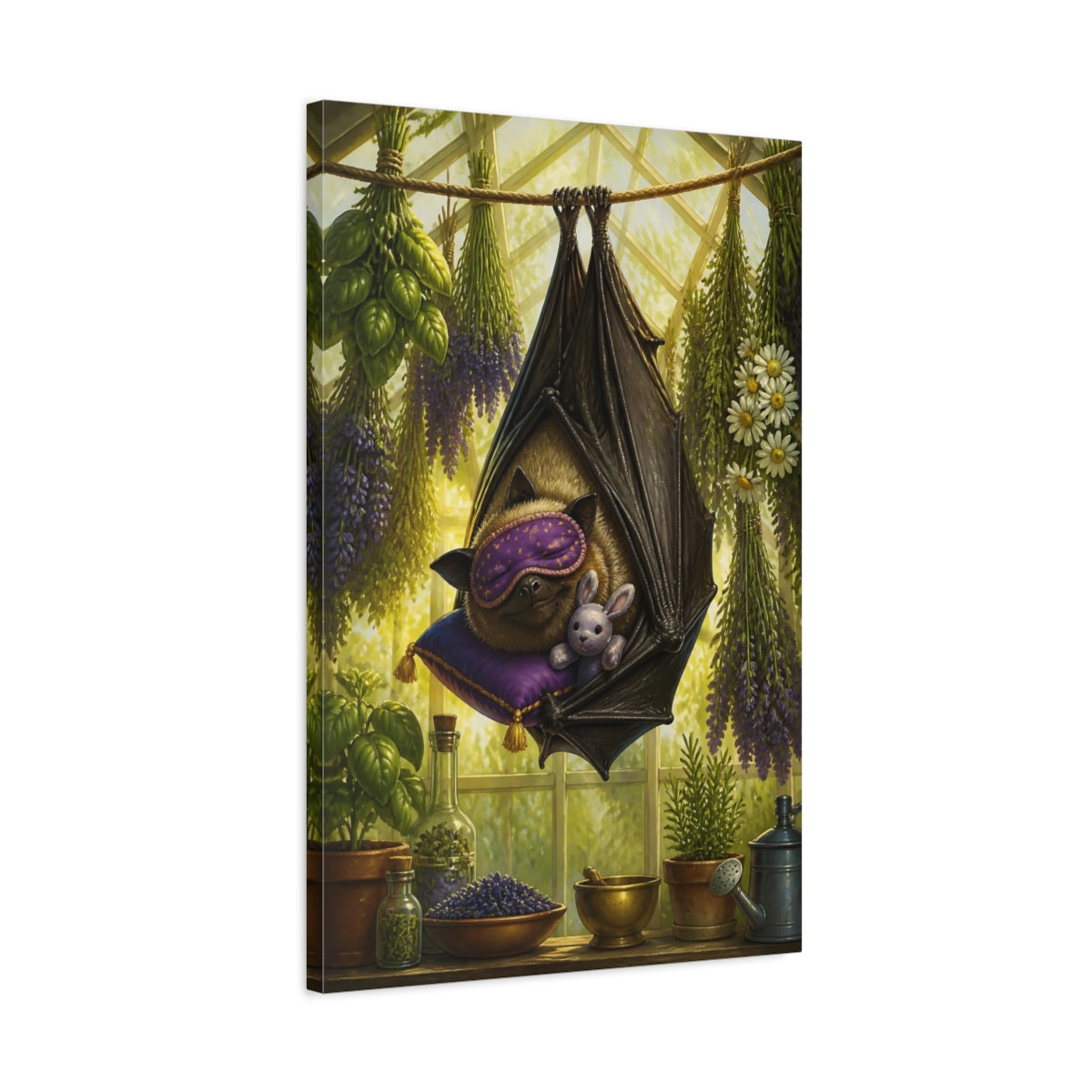 Side Mockup 2. Funny Sleeping Bat shown as canvas print