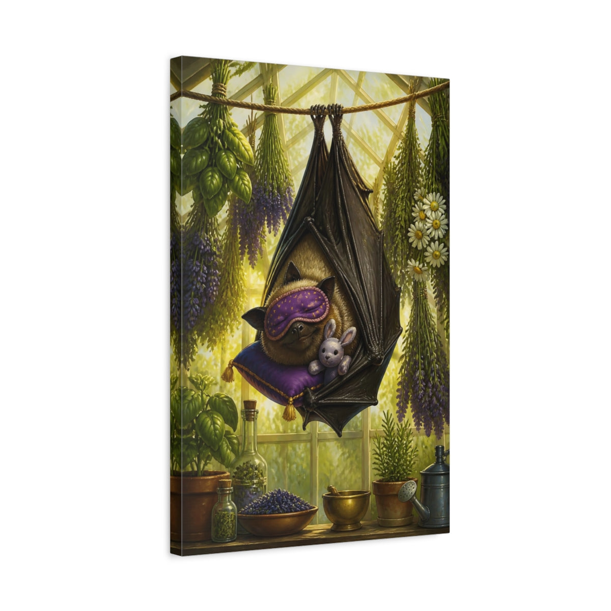 Side Mockup 3. Funny Sleeping Bat shown as canvas print
