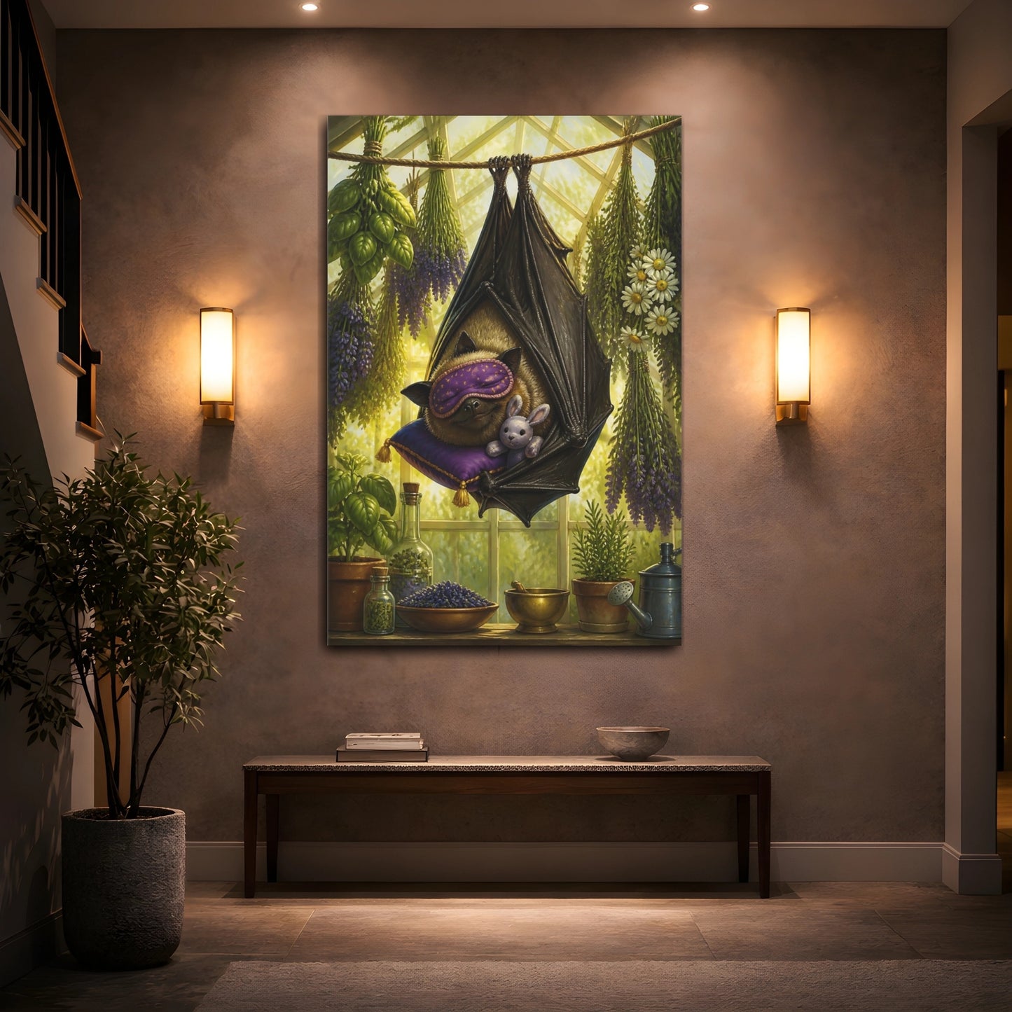 Mockup 2. Funny Sleeping Bat shown as canvas print