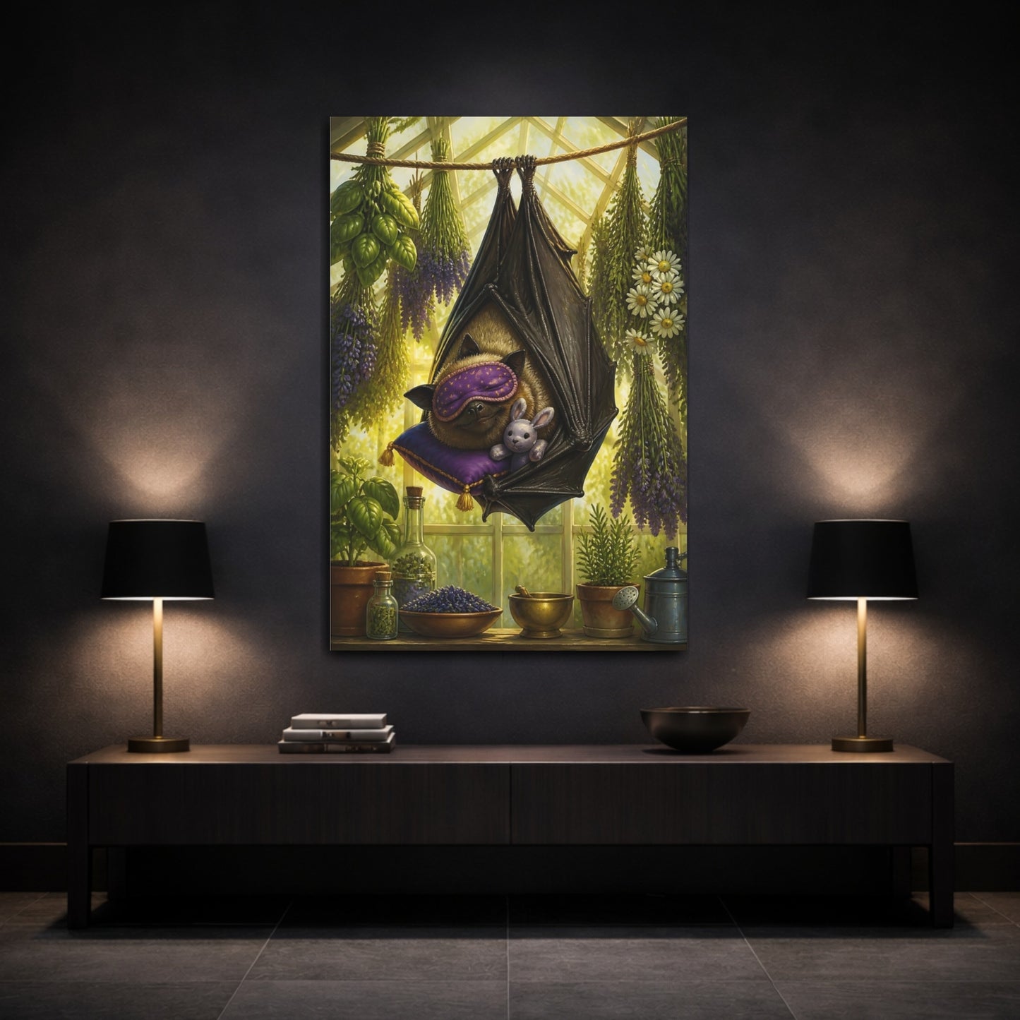 Mockup 3. Funny Sleeping Bat shown as canvas print