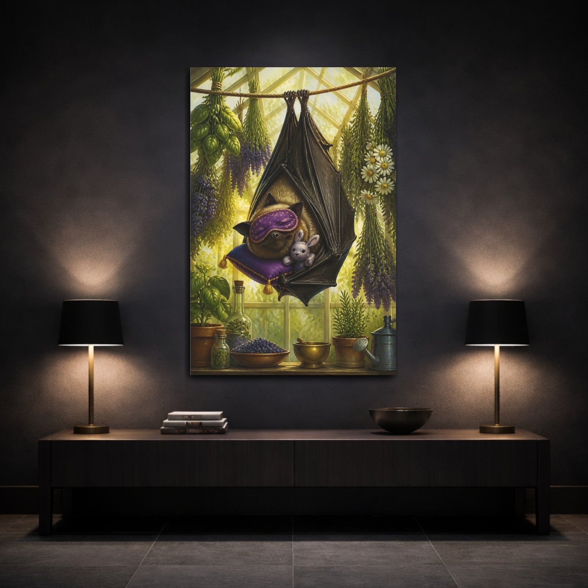 Mockup 3. Funny Sleeping Bat shown as canvas print