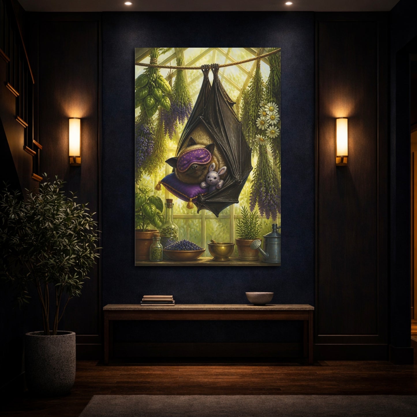Mockup 4. Funny Sleeping Bat shown as canvas print