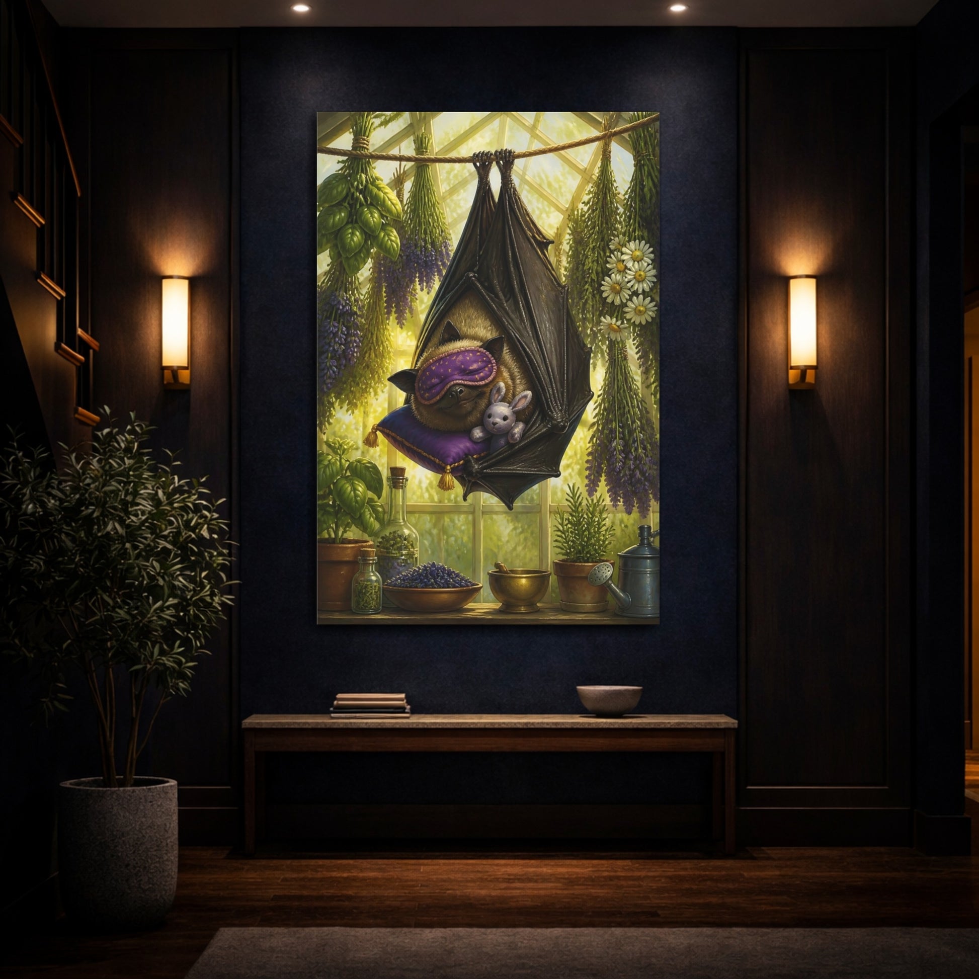 Mockup 4. Funny Sleeping Bat shown as canvas print