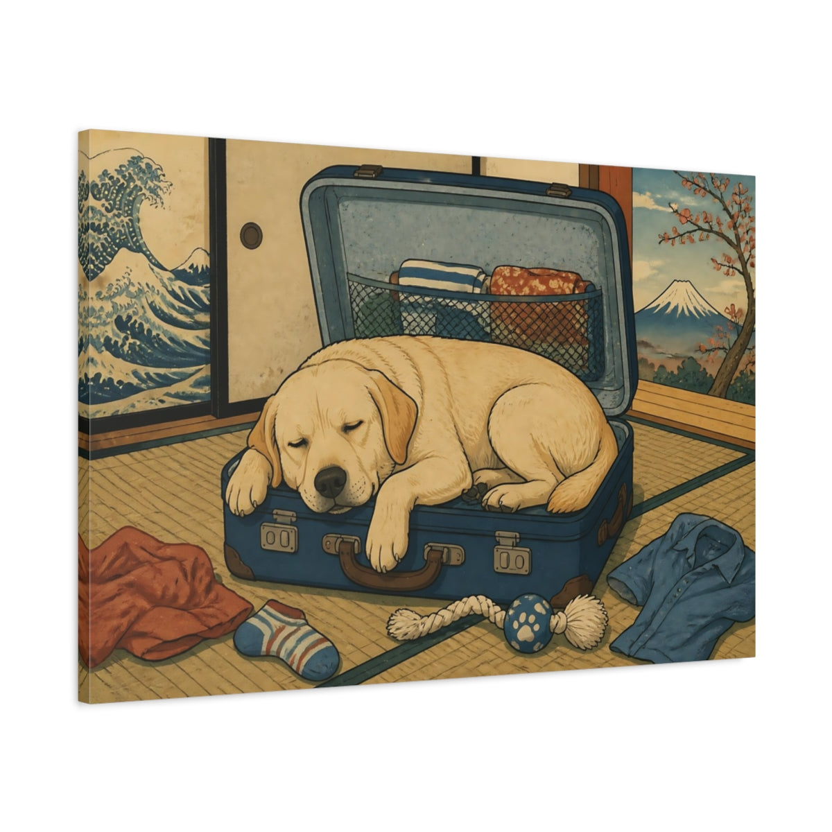 Main Mockup. Funny Sleeping Labrador shown as canvas print
