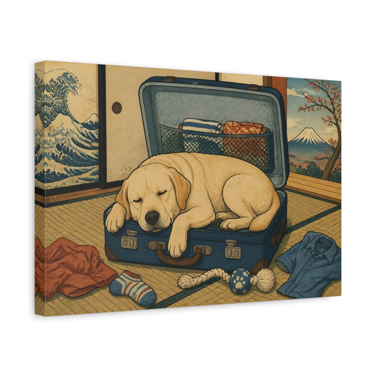 Side Mockup 4. Funny Sleeping Labrador shown as canvas print