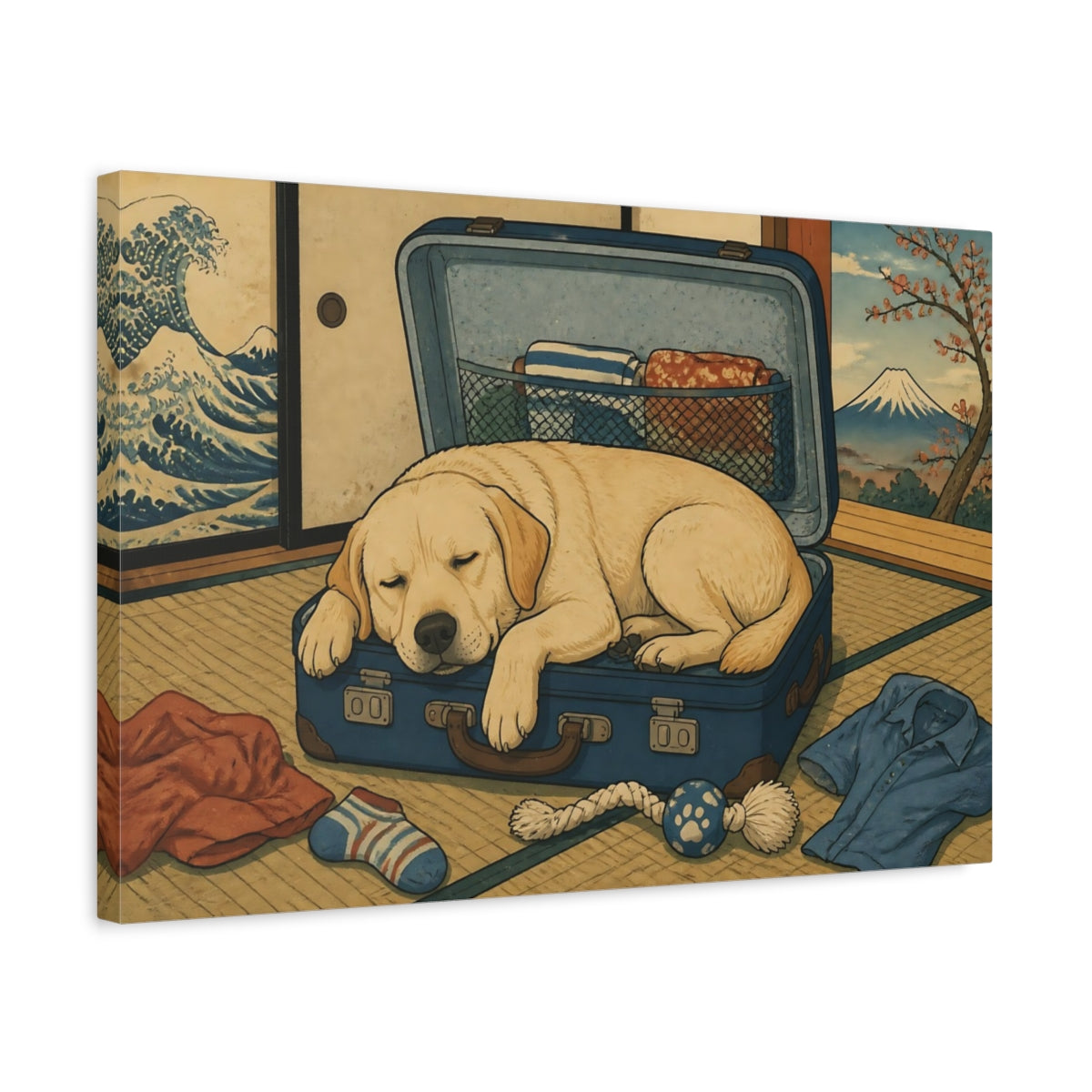 Side Mockup 3. Funny Sleeping Labrador shown as canvas print