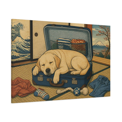 Side Mockup 1. Funny Sleeping Labrador shown as canvas print
