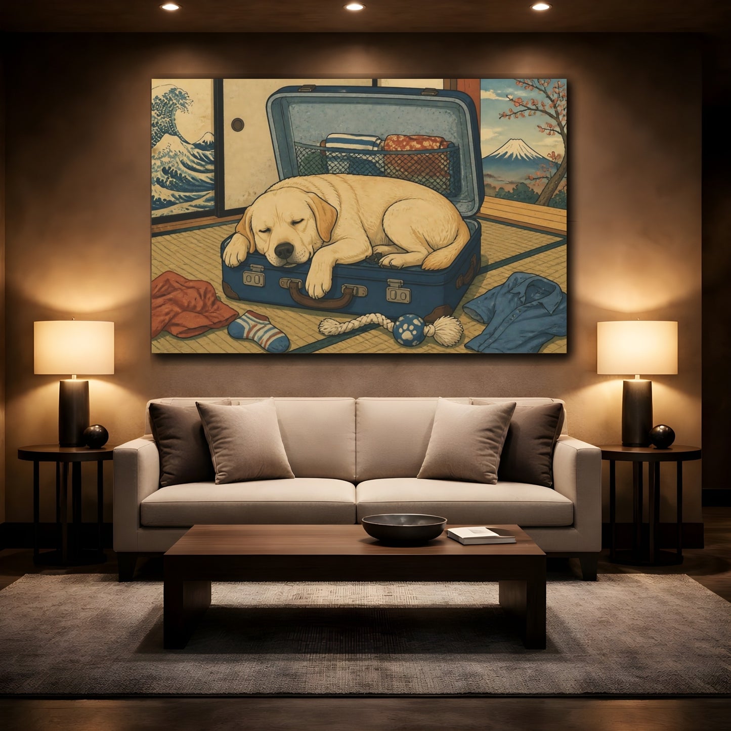 Mockup 2. Funny Sleeping Labrador shown as canvas print