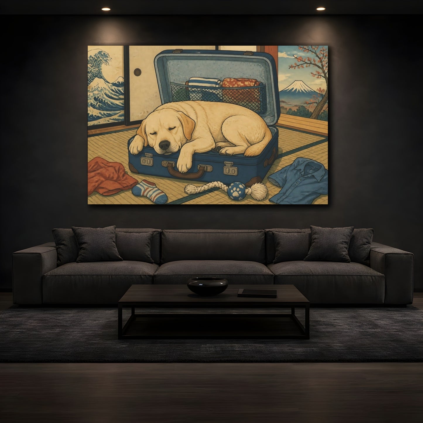 Mockup 3. Funny Sleeping Labrador shown as canvas print