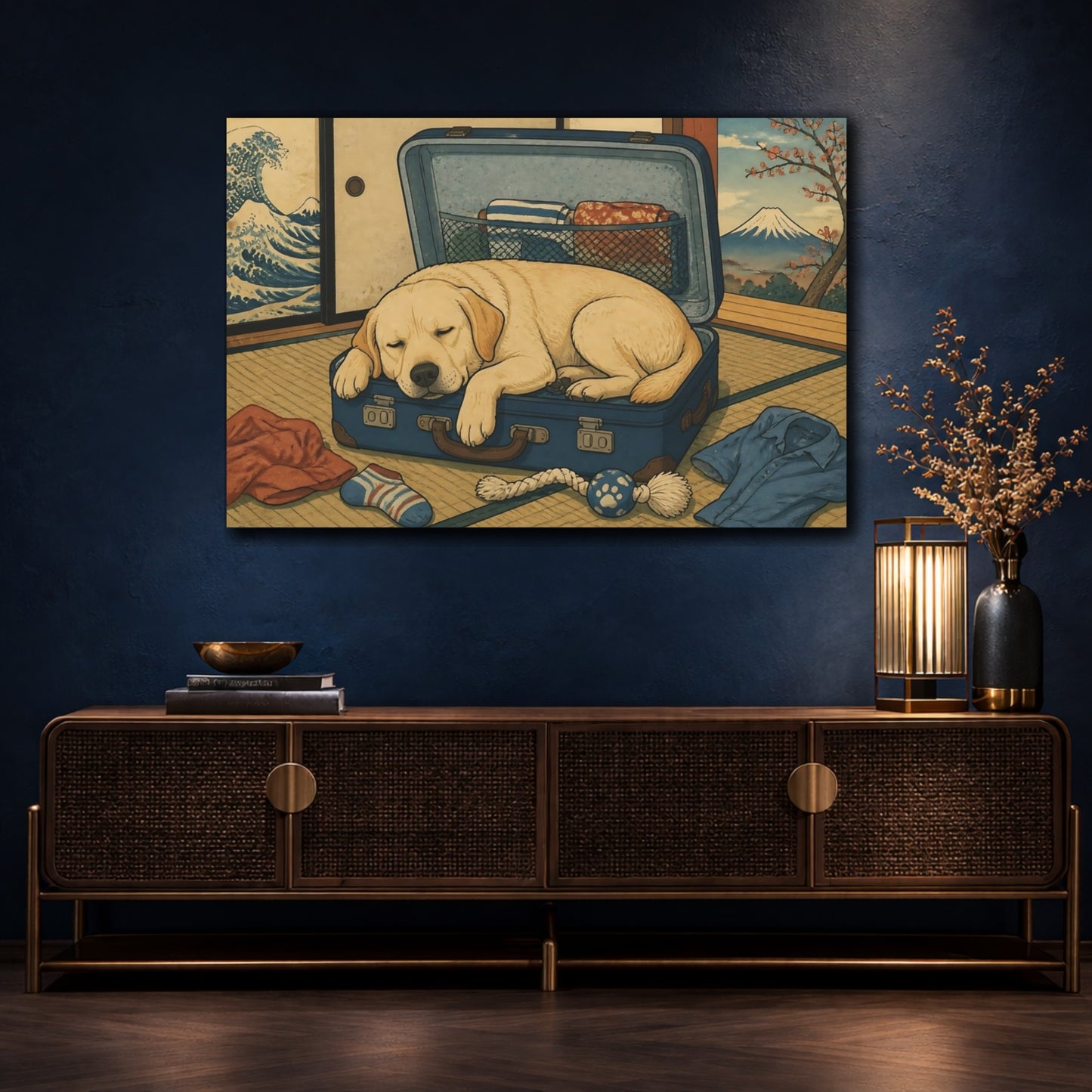 Mockup 4. Funny Sleeping Labrador shown as canvas print