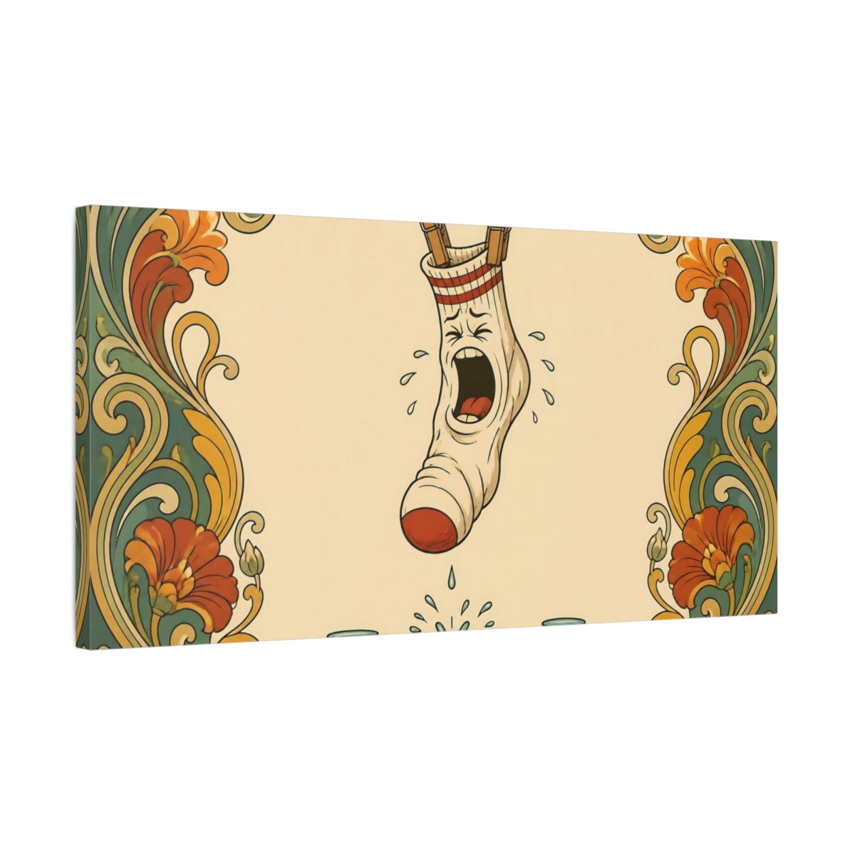 Side Mockup 1. Funny Squealing Sock shown as canvas print