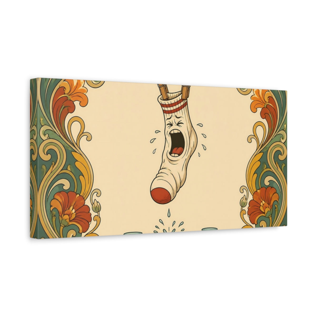 Side Mockup 3. Funny Squealing Sock shown as canvas print
