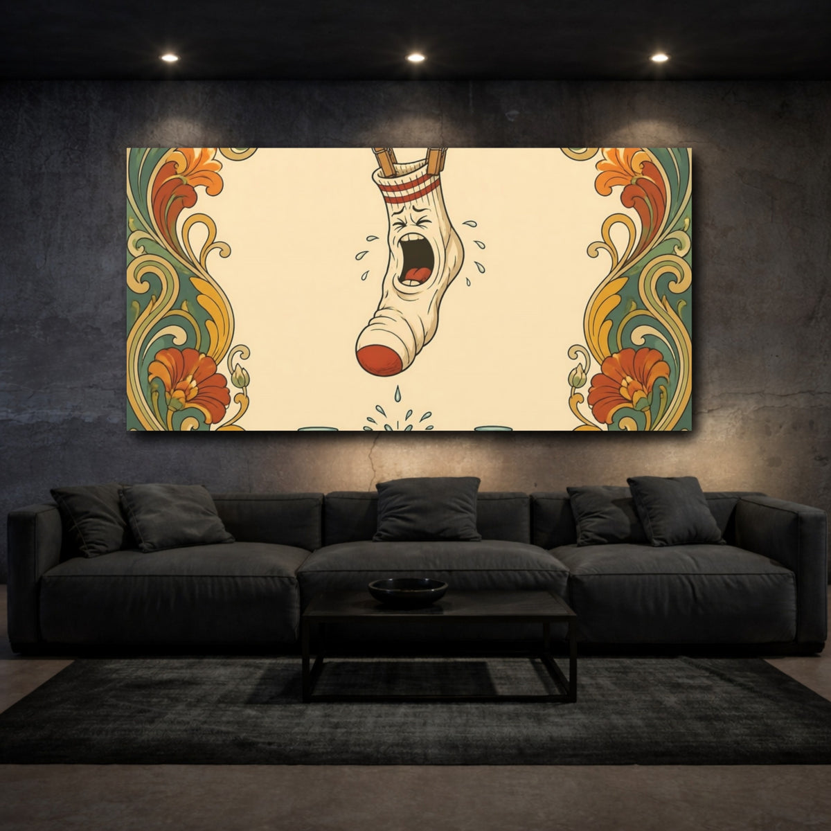 Mockup 3. Funny Squealing Sock shown as canvas print
