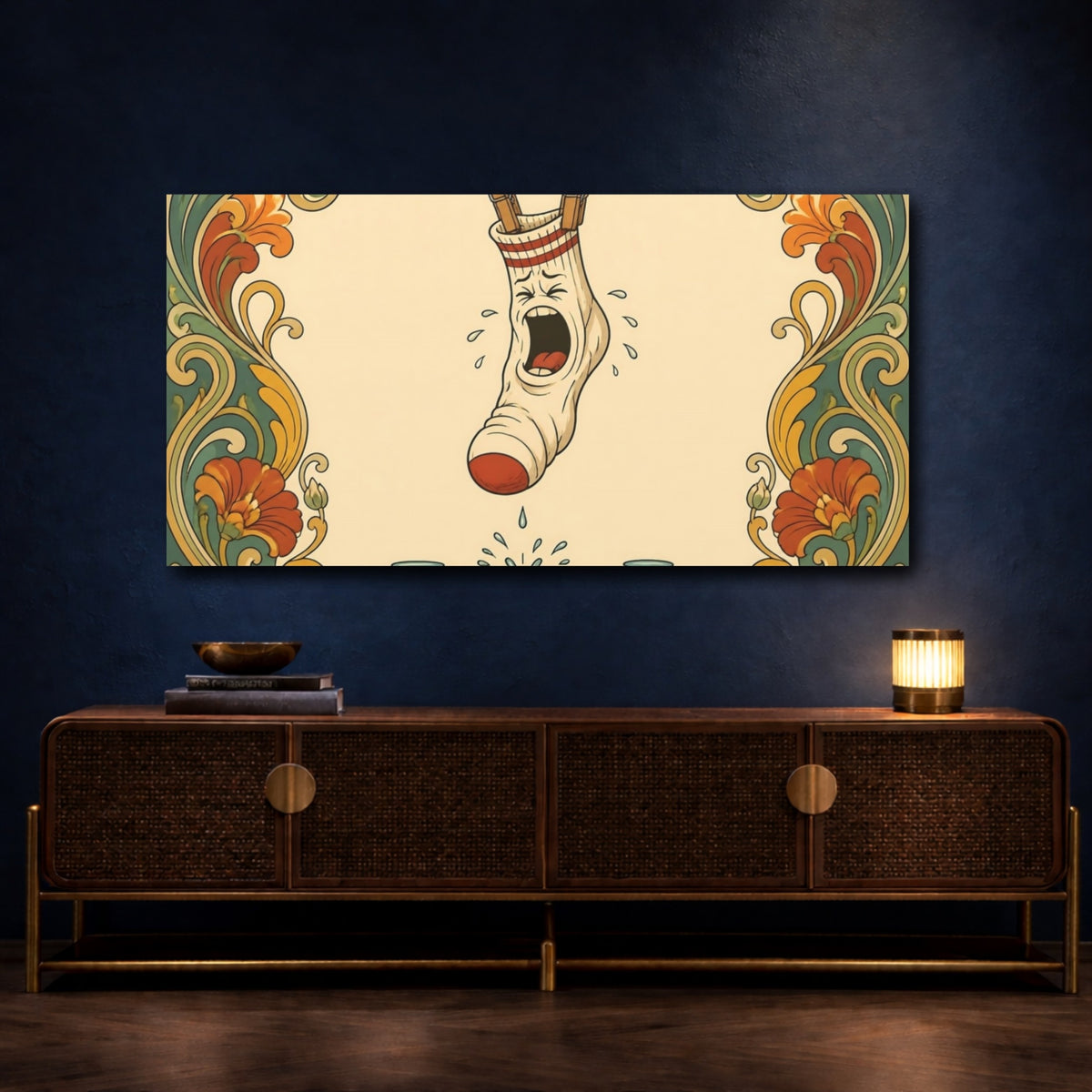 Mockup 4. Funny Squealing Sock shown as canvas print