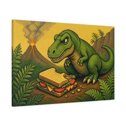 Main Mockup. Funny T-Rex With Sandwich shown as canvas print