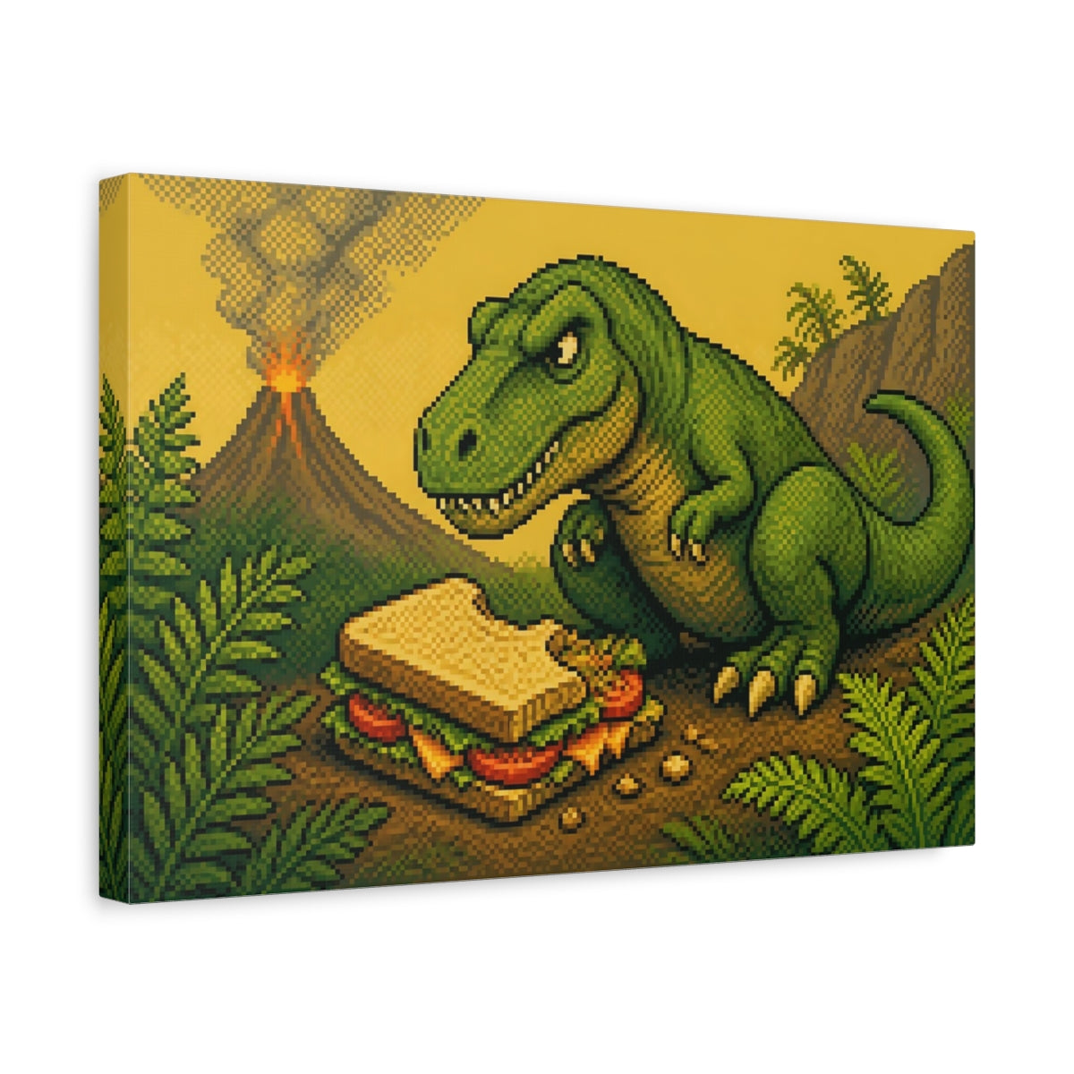 Side Mockup 4. Funny T-Rex With Sandwich shown as canvas print