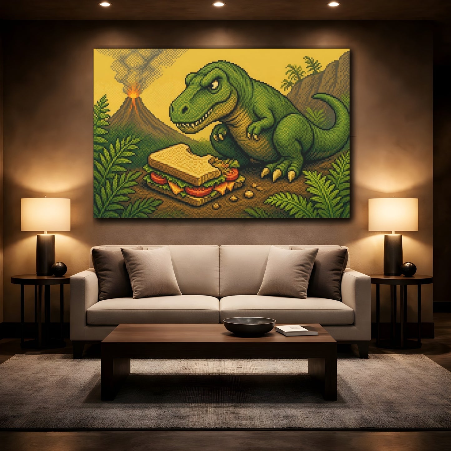 Mockup 2. Funny T-Rex With Sandwich shown as canvas print