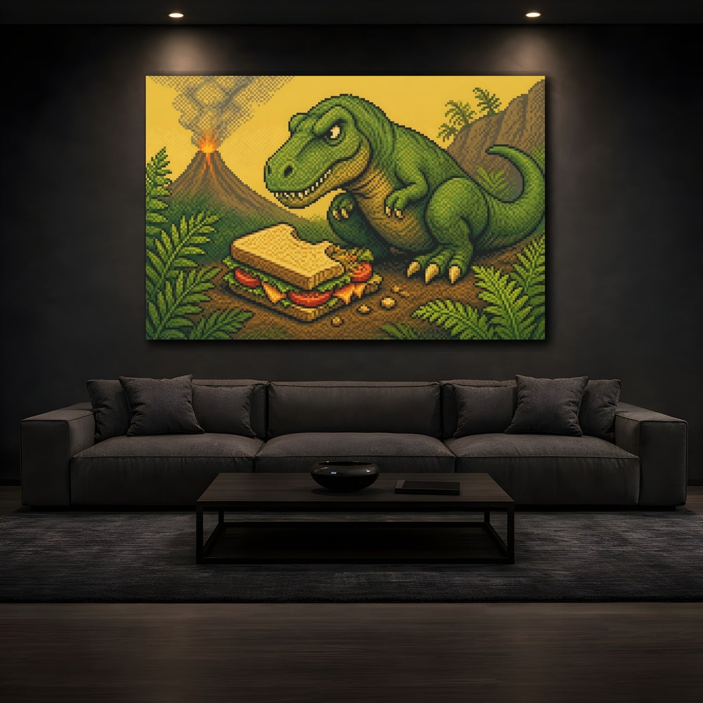 Mockup 3. Funny T-Rex With Sandwich shown as canvas print