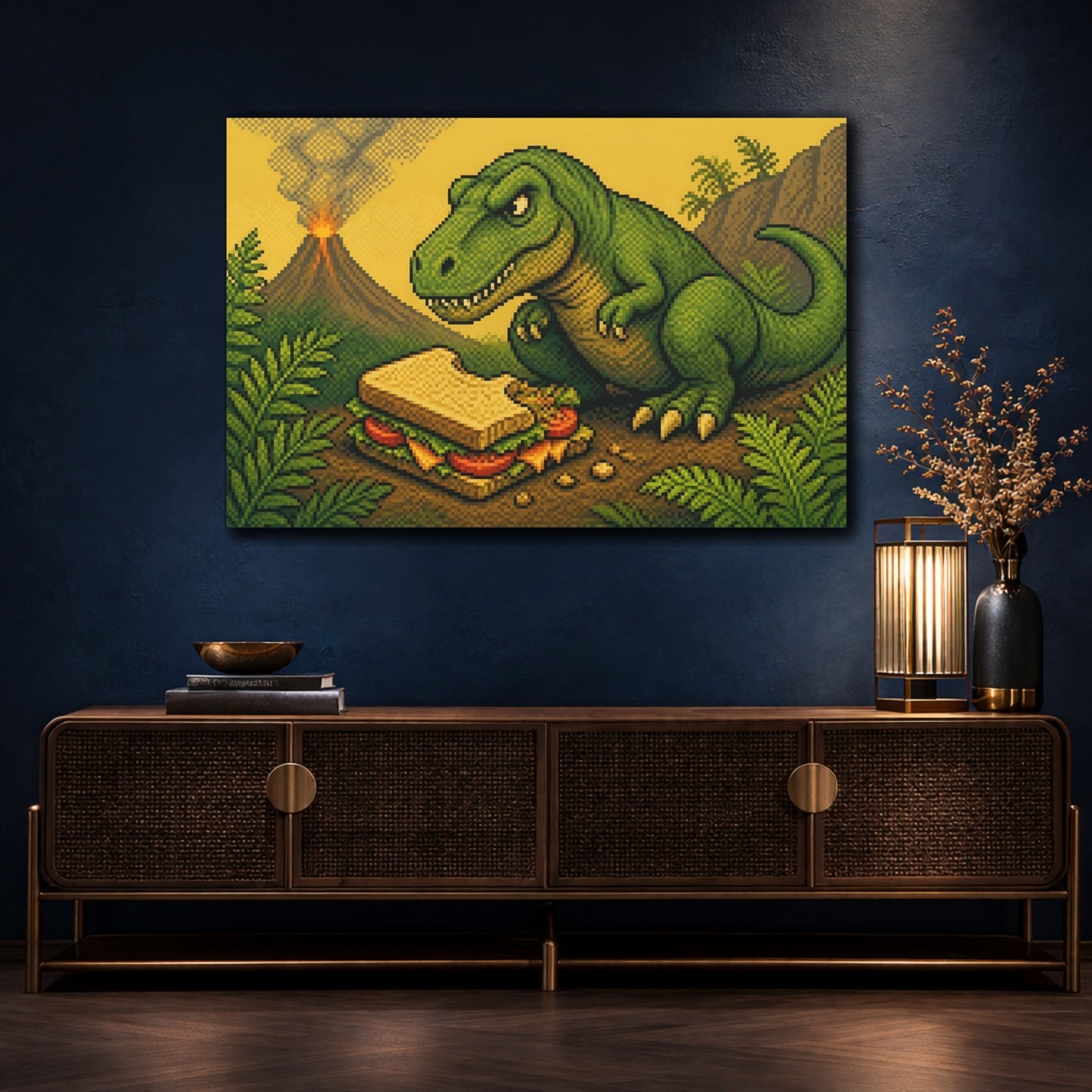 Mockup 4. Funny T-Rex With Sandwich shown as canvas print