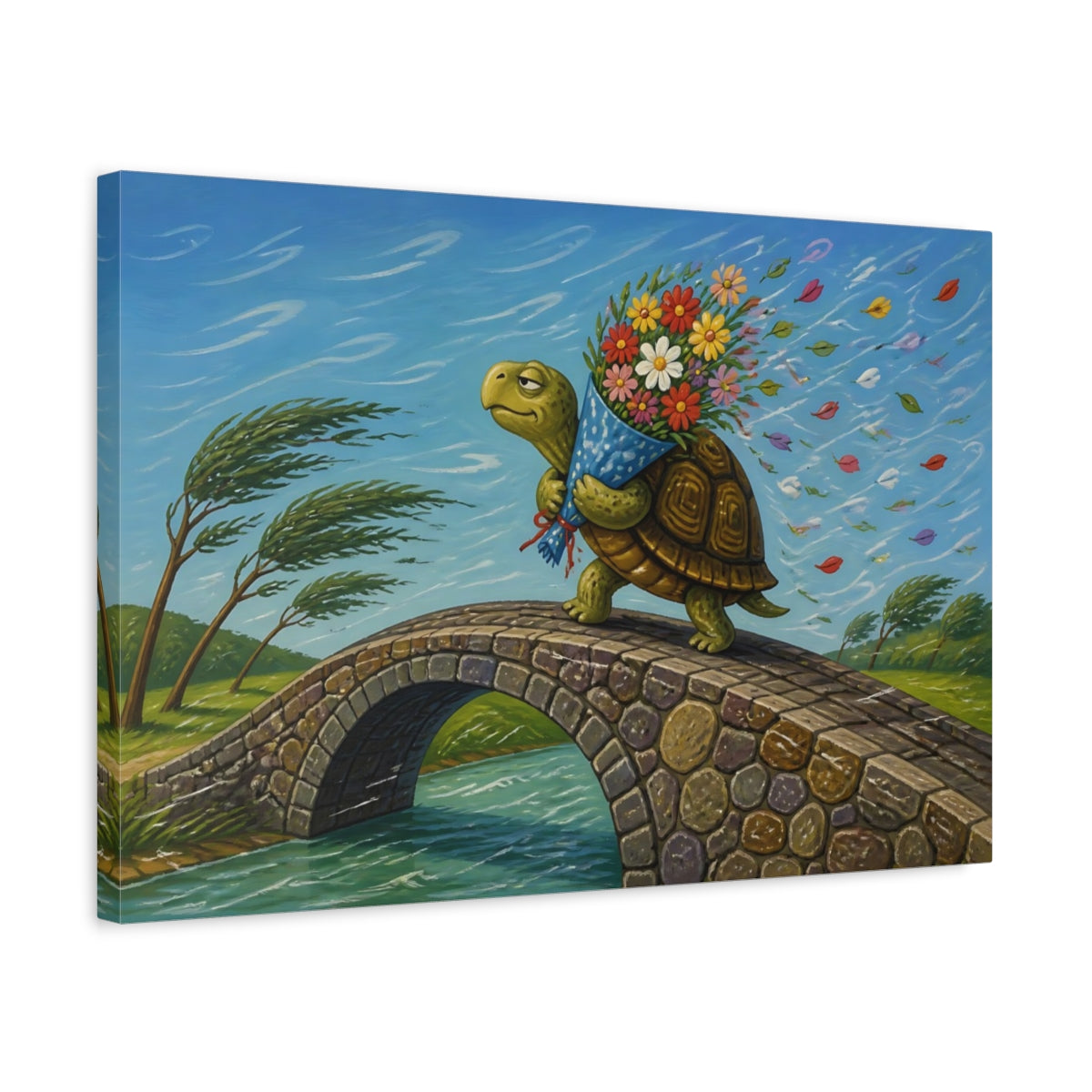 Side Mockup 3. Funny Tortoise With Flowers shown as canvas print