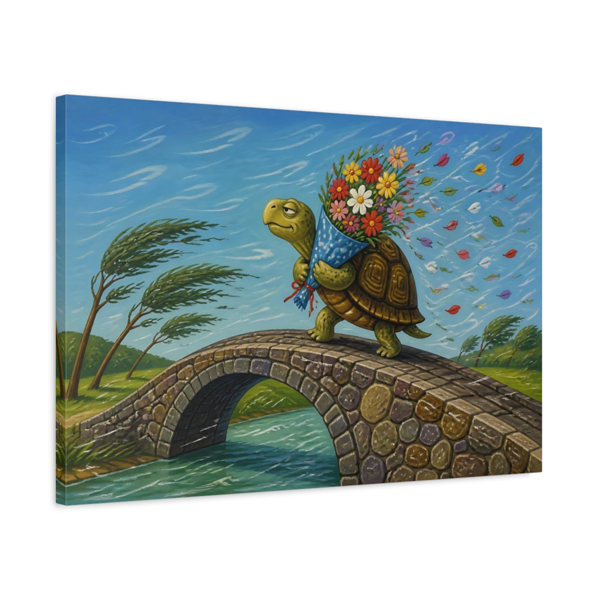 Side Mockup 2. Funny Tortoise With Flowers shown as canvas print