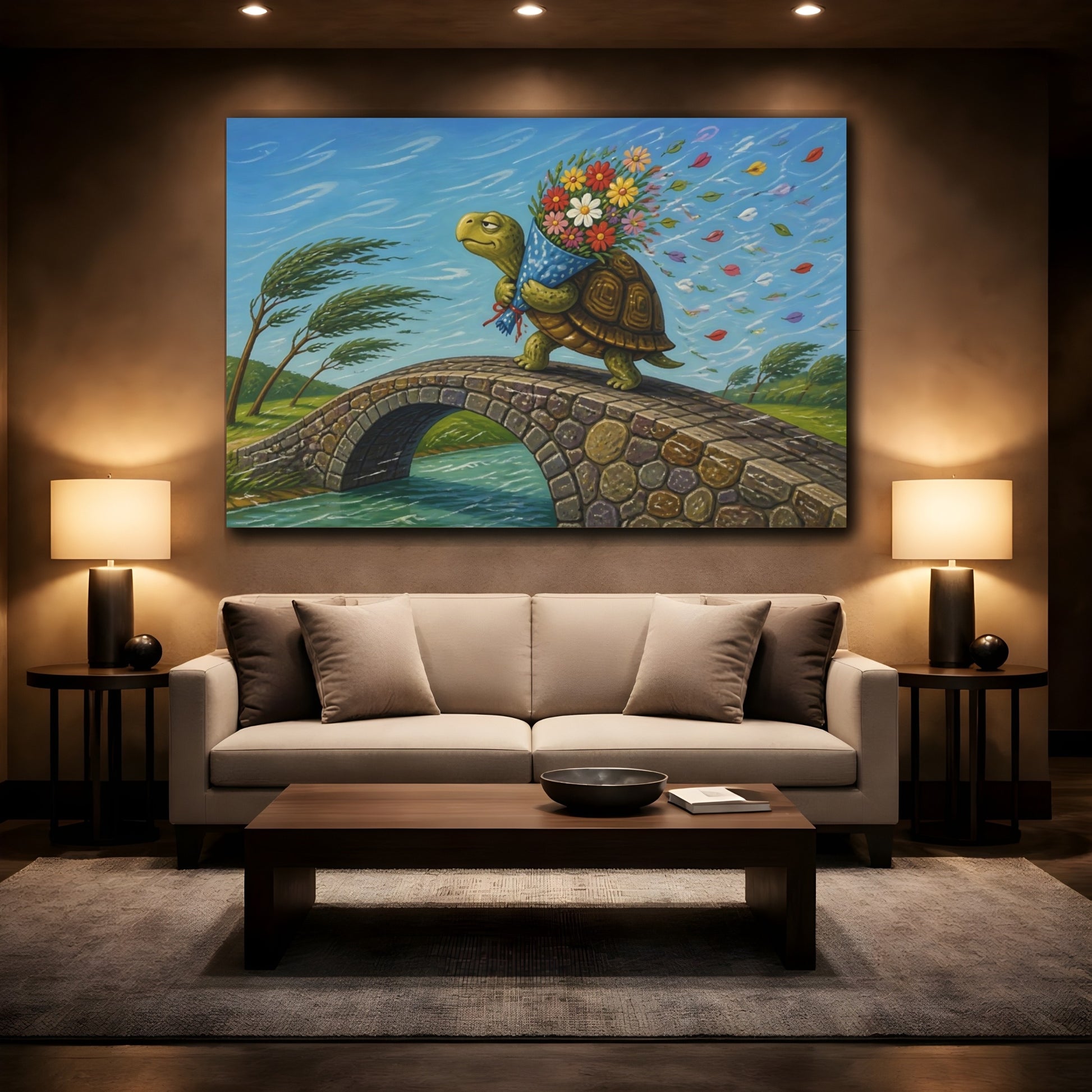 Mockup 2. Funny Tortoise With Flowers shown as canvas print