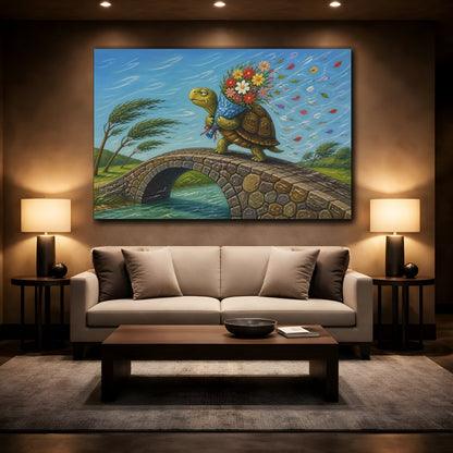 Mockup 2. Funny Tortoise With Flowers shown as canvas print