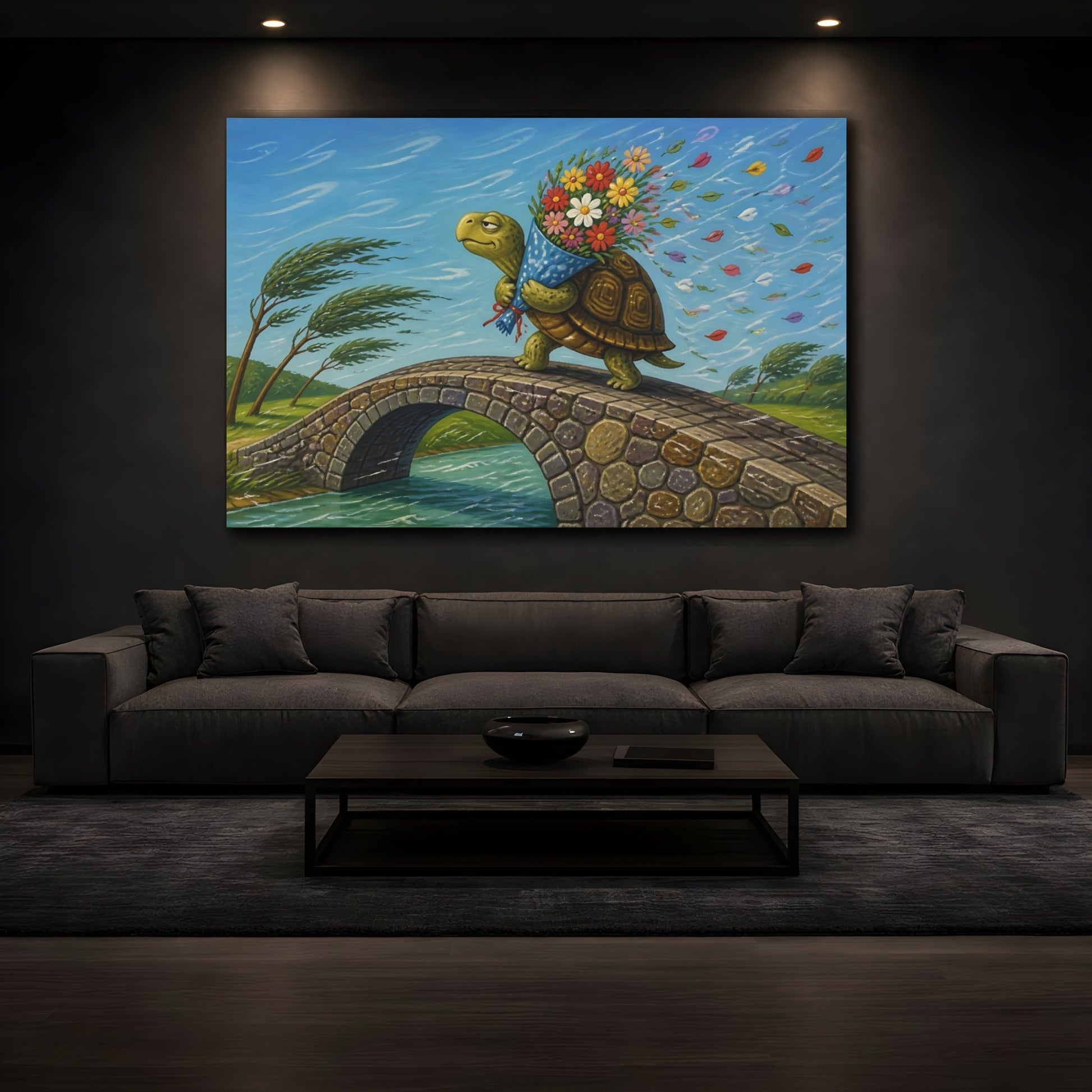 Mockup 3. Funny Tortoise With Flowers shown as canvas print