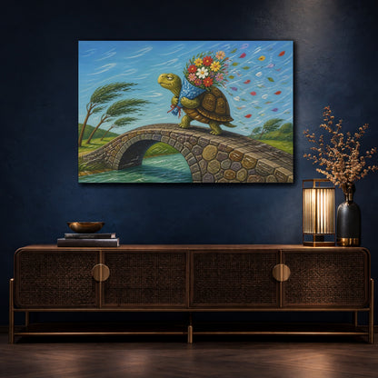 Mockup 4. Funny Tortoise With Flowers shown as canvas print