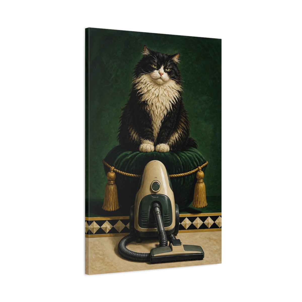 Main Mockup. Funny Tuxedo Cat shown as canvas print