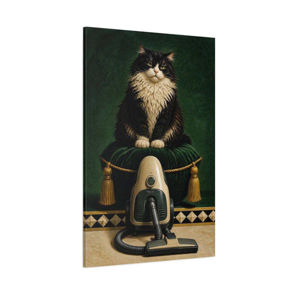 Side Mockup 1. Funny Tuxedo Cat shown as canvas print